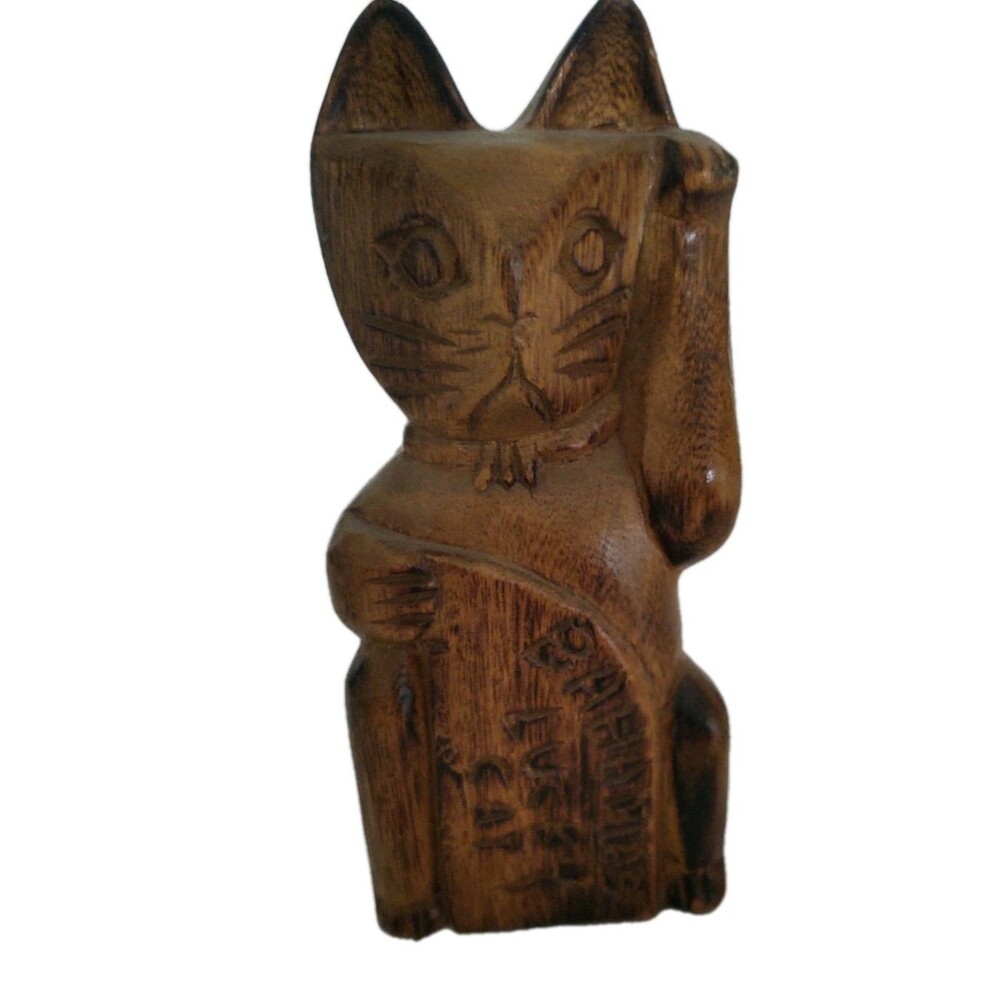 Bahamas Vintage Lucky Cat Tourist Travel Souvenir Wood Statue Figurine Decor